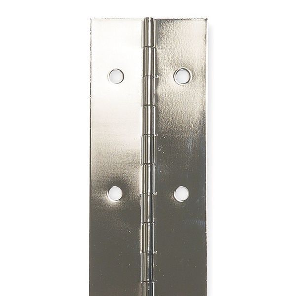Zoro Select Piano Hinge, Steel, Full Surface Mounting, 1 in Leaf W x 48 in Leaf H, Bright Nickel - 1CBJ7
