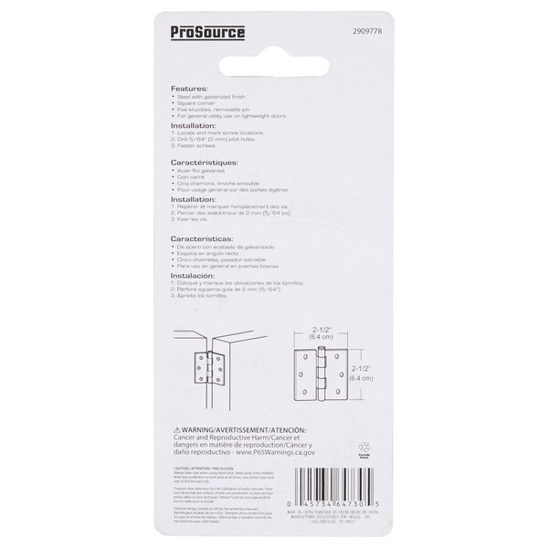 Prosource Utility Hinge, Steel, Zinc, Removable Pin, 180 deg Range of Motion, Full Mortise Mounting - LR-043-PS