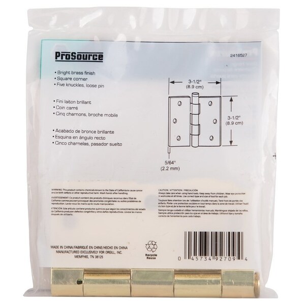 Prosource Square Corner Door Hinge, Steel, Polished Brass, Loose Pin, 180 deg Range of Motion - 20338BBX