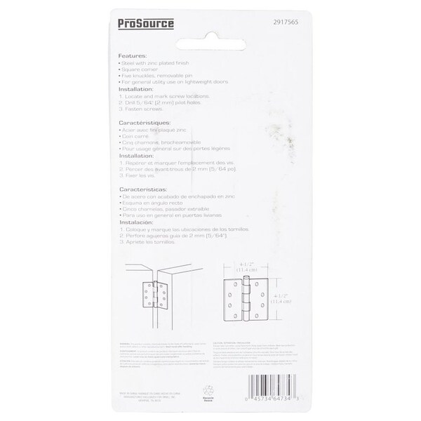 Prosource Utility Hinge, Steel, Zinc, Removable Pin, 180 deg Range of Motion, Full Mortise Mounting - LR-064-PS