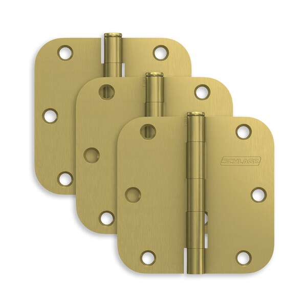 Schlage Residential Pack of 3 3-1/2in x 3-1/2in 5/8in Radius Corner Hinges Satin Brass Finish, 3PK - S3P1011FRP608