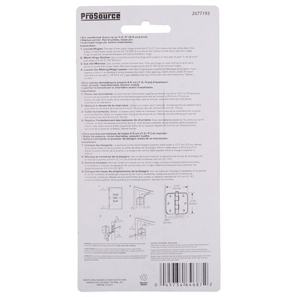 Prosource Door Hinge, Steel, Chrome, Loose Pin, 180 deg Range of Motion, Screw Mounting - BH-102CH-PS