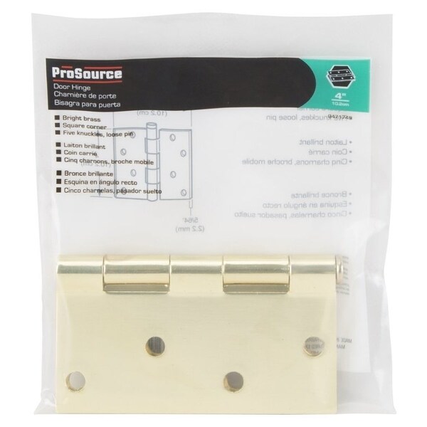 Prosource Square Corner Door Hinge, Steel, Polished Brass, Loose Pin, 180 deg Range of Motion - 20339BBX
