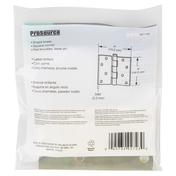 Prosource Square Corner Door Hinge, Steel, Polished Brass, Loose Pin, 180 deg Range of Motion - 20339BBX
