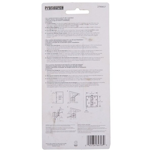 Prosource Square Corner Door Hinge, Steel, Oil-Rubbed Bronze, Loose Pin, 180 deg Range of Motion - BH-502ORB-PS