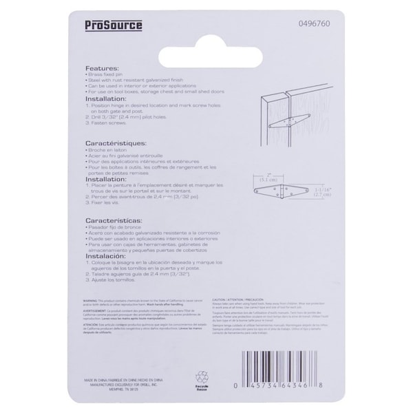 Prosource Strap Hinge, 1.2 mm Thick Leaf, Steel, 180 Range of Motion - LSH-G02-C2PS