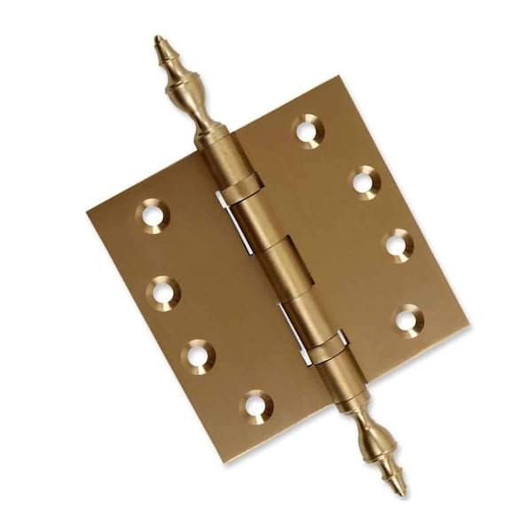 Embassy 4-1/2 x 4-1/2 Solid Brass Ball Bearing Hinge, Satin Brass Finish Urn Tips - 4545BBUS4U-1