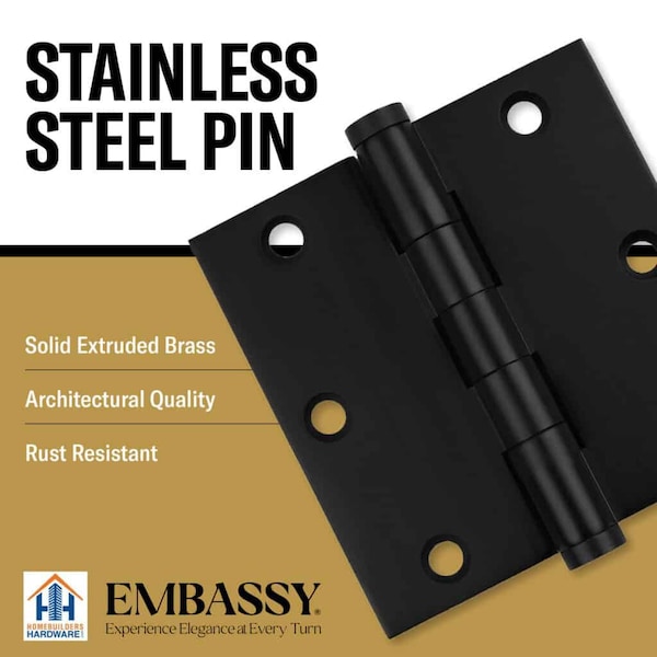Embassy 3 x 3 Solid Brass Hinge, Flat Black US19 Finish with Flat Tips - 3030US19F-1