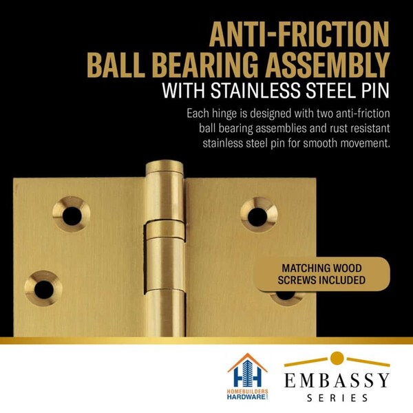 Embassy 4 x 4 Solid Brass Ball Bearing Hinge, Satin Brass Finish with Flat Tips - 4040BBUS4F-1
