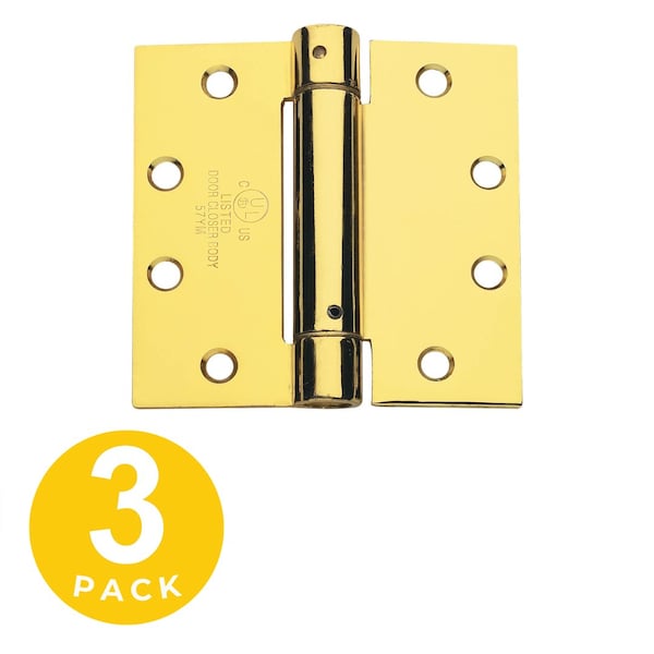 Global Door Controls 4.5 in. x 4.5 in. Bright Brass Full Mortise Spring Squared Hinge with Non-Removable Pin - Set of 3 - CPS4545-US3-3