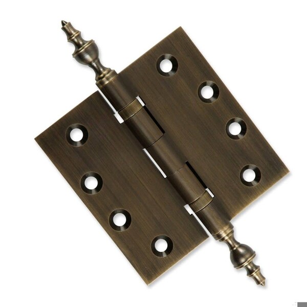 Embassy 4-1/2 x 4-1/2 Solid Brass Ball Bearing Hinge, Antique Brass Finish Urn Tips - 4545BBUS5U-1