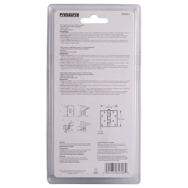 Prosource Square Corner Door Hinge, Steel, Brushed, Loose Pin, 180 deg Range of Motion - 20339SS-4S-DB-PS