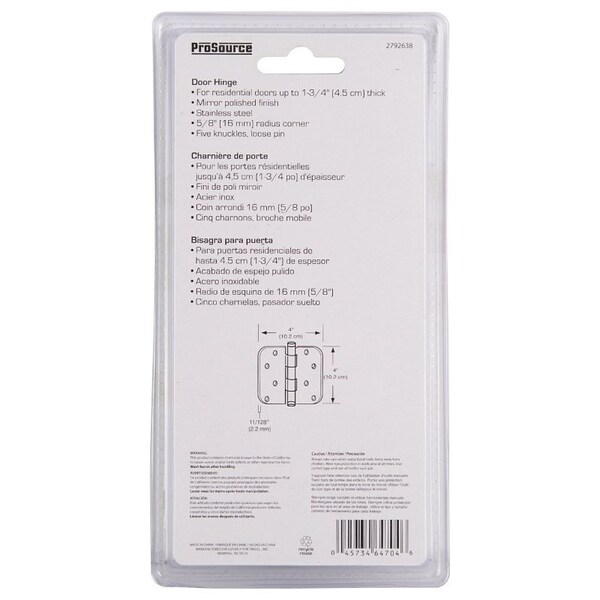 Prosource Door Hinge, Stainless Steel, Stainless Steel, Loose Pin, 180 deg Range of Motion, Screw Mounting - DH-S606-PS