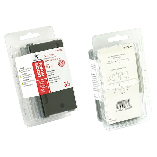 Prime-Line Door Hinge Residential Smooth Pivot, 4 in. x 4 in. with Square Corners, Matte Black 3 Pack - U 1150383