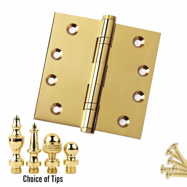 Embassy 4-1/2 x 4-1/2 Solid Brass Ball Bearing Hinge, Polished Brass Finish Urn Tips - 4545BBUS3U-1