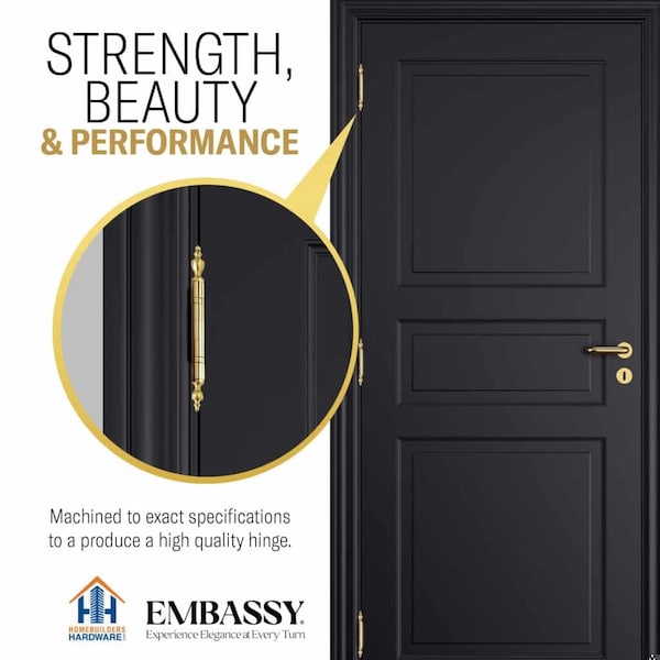 Embassy 4 x 4 Solid Brass Ball Bearing Hinge, Polished Brass Finish Steeple Tips - 4040BBUS3S-1