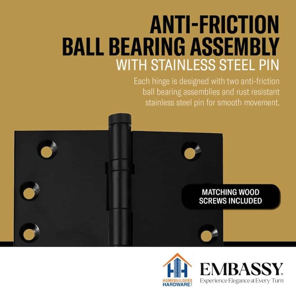 Embassy 3-1/2 x 3-1/2 Solid Brass Ball Bearing Hinge, Flat Black Finish with Flat Tips - 3535BBUS19F-1