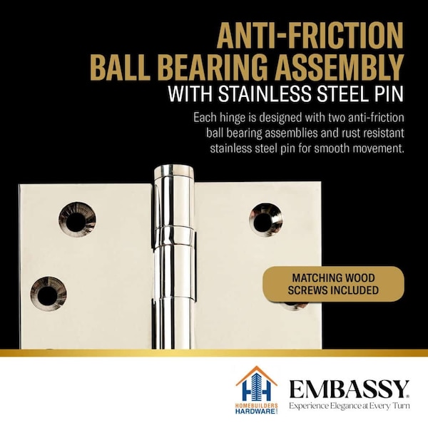 Embassy 5 x 5 Solid Brass Ball Bearing Hinge, Polished Nickel Finish Steeple Tips - 5050BBUS14S-1
