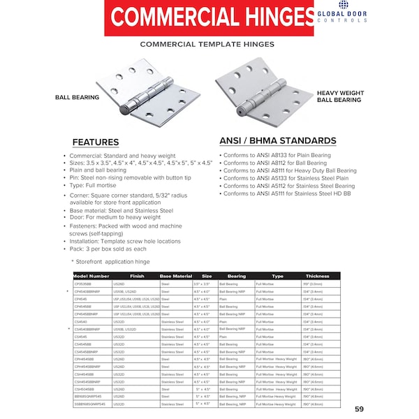 Global Door Controls 4.5 in Leaf W x 4.5 in Leaf H, Chrome - CP4545BB-26D-3