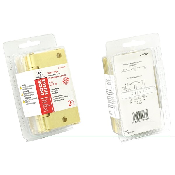 Prime-Line Door Hinge Residential Smooth Pivot, 4 in. x 4 in. with Square Corners, Satin Brass 3 Pack - U 1150363