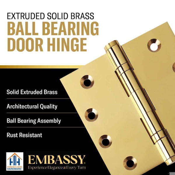 Embassy 5 x 5 Solid Brass Ball Bearing Hinge, Polished Brass Finish Urn Tips - 5050BBUS3U-1