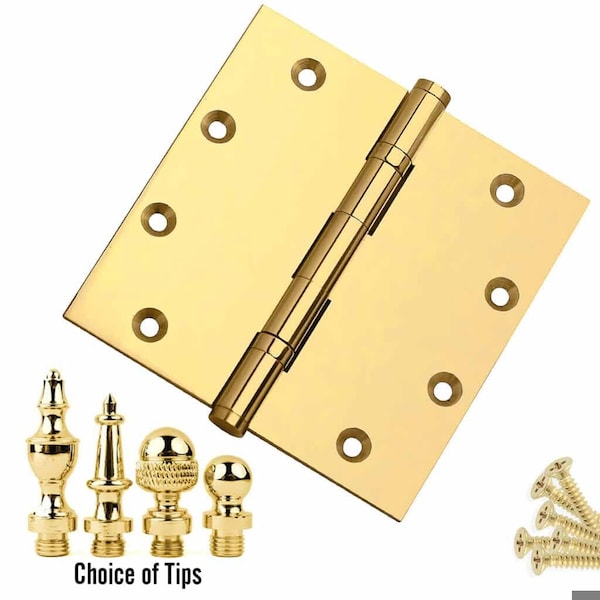 Embassy 5 x 5 Solid Brass Ball Bearing Hinge, Polished Brass Finish Urn Tips - 5050BBUS3U-1