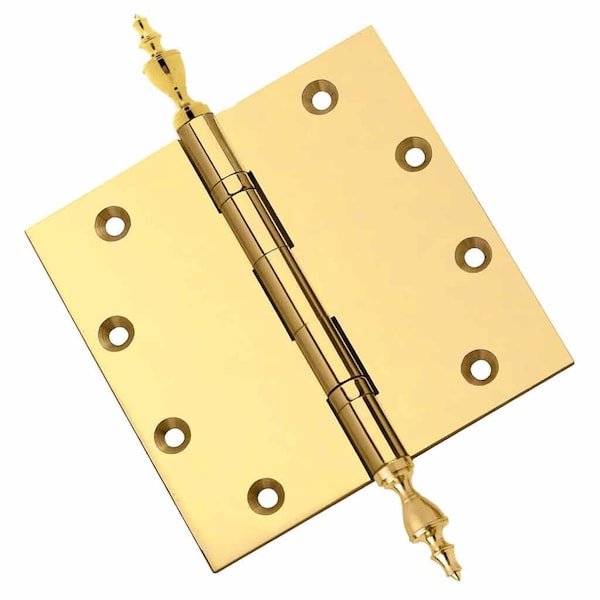 Embassy 5 x 5 Solid Brass Ball Bearing Hinge, Polished Brass Finish Urn Tips - 5050BBUS3U-1