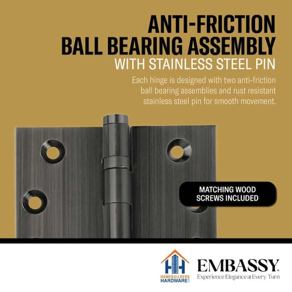Embassy 5 x 5 Solid Brass Ball Bearing Hinge, Pewter Finish with Flat Tips - 5050BBUS17AF-1
