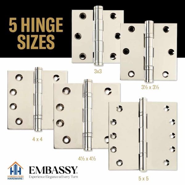 Embassy 5 x 5 Solid Brass Ball Bearing Hinge, Polished Nickel Finish with Flat Tips - 5050BBUS14F-1