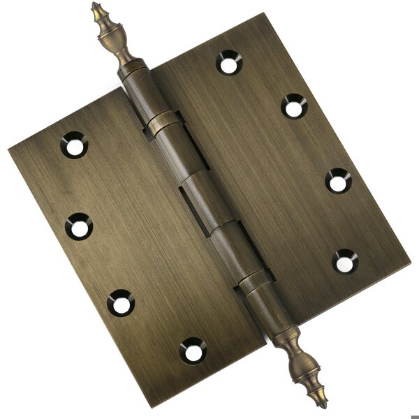 Embassy 5 x 5 Solid Brass Ball Bearing Hinge, Antique Brass Finish Urn Tips - 5050BBUS5U-1
