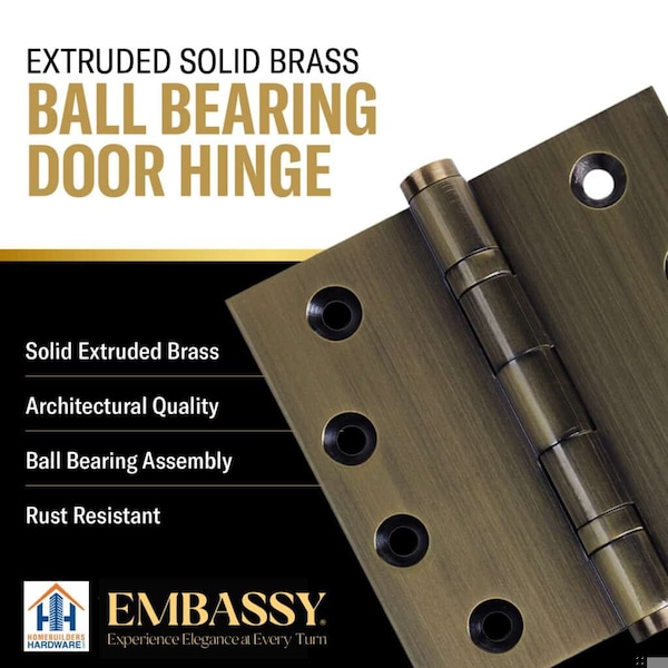Embassy 5 x 5 Solid Brass Ball Bearing Hinge, Antique Brass Finish Urn Tips - 5050BBUS5U-1