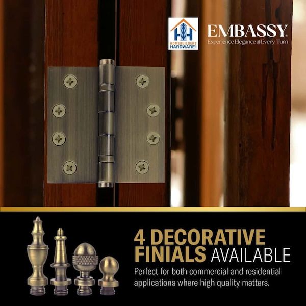 Embassy 5 x 5 Solid Brass Ball Bearing Hinge, Antique Brass Finish Urn Tips - 5050BBUS5U-1