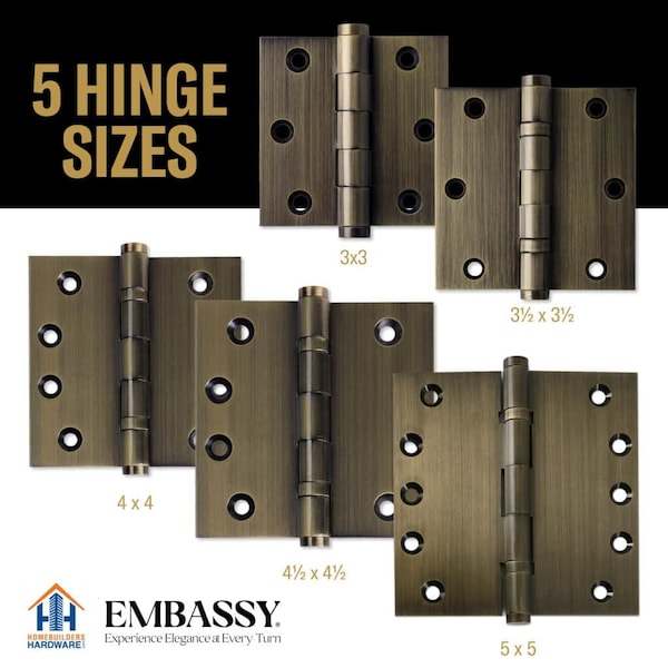 Embassy 4-1/2 x 4-1/2 Solid Brass Ball Bearing Hinge, Antique Brass Finish Steeple Tips - 4545BBUS5S-1