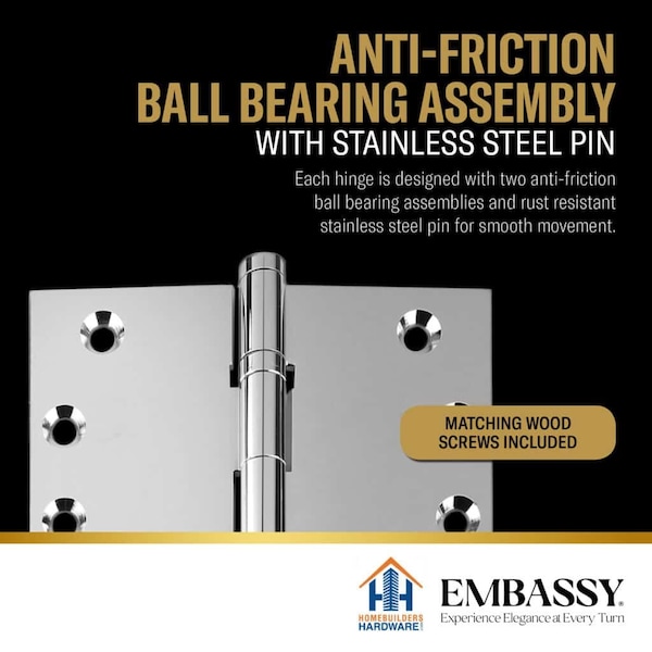 Embassy 3-1/2 x 3-1/2 Solid Brass Hinge, Polished Chrome Finish with Acorn Tips - 3535BBUS26A-1
