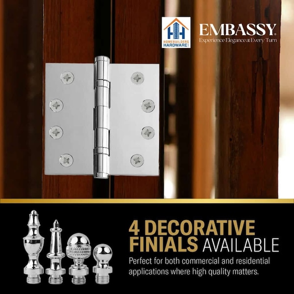 Embassy 3-1/2 x 3-1/2 Solid Brass Hinge, Polished Chrome Finish with Acorn Tips - 3535BBUS26A-1
