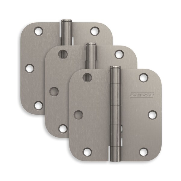 Schlage Residential Pack of 3 3-1/2in x 3-1/2in 5/8in Radius Corner Hinges Satin Nickel Finish, 3PK - S3P1011FRP619
