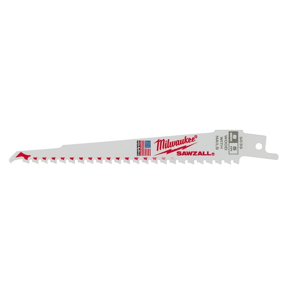 Milwaukee Tool 6 in. 5 TPI SAWZALL Reciprocating Saw Blade for Nail Embedded Wood (Bulk) - 48-01-7035