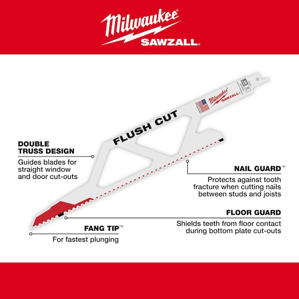 Milwaukee Tool SAWZALL Flush Cut Blade - 1 PK - 48-00-1600