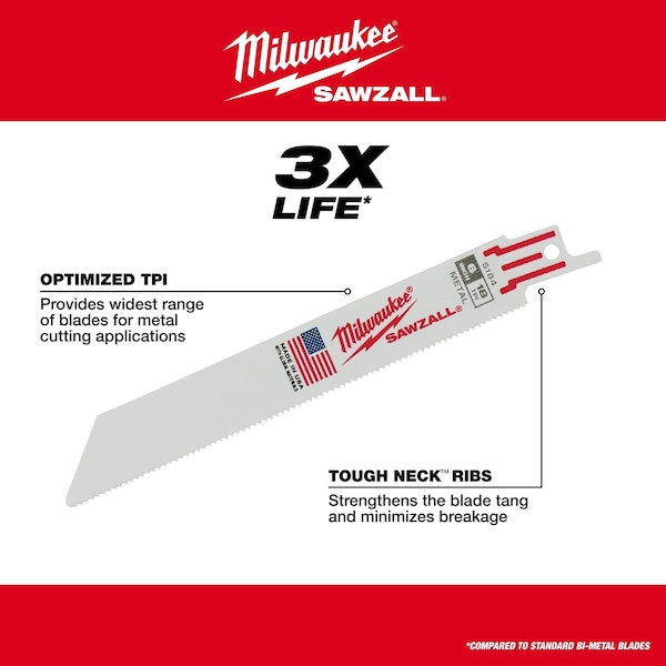 Milwaukee Tool 9 in. 18 TPI SAWZALL Reciprocating Saw Blade for Medium Metal (Bulk) - 48-01-7188