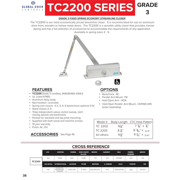 Global Door Controls Commercial Grade 3 Door Closer in Duronodic - Size 3 - TC2203-DU