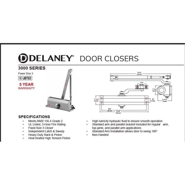Delaney Hardware Light Duty Grade-2 Cast Iron Body Gray Finish Commercial Door Closer - 603300