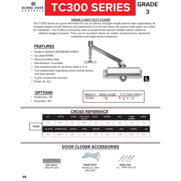 Trans Atlantic Co. Light Duty Commercial Grade 3 Door Closer in Aluminum - Size 2 - TC302-AL