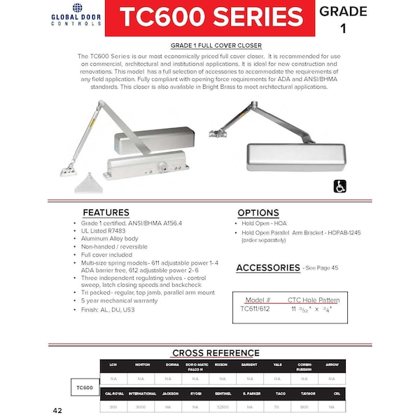 Global Door Controls Commercial Grade 1 Full Cover ADA Door Closer in Aluminum - Sizes 1-4 - TC611-AL