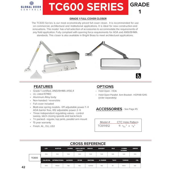 Global Door Controls Commercial Grade 1 Full Cover Door Closer in Aluminum with Adjustable Spring Tension - Sizes 2-6 - TC612-AL