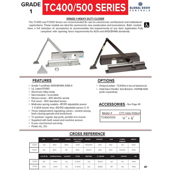 Global Door Controls Commercial ADA Grade 1 Door Closer in Aluminum With Adjustable Sizes 1-4 - TC511-AL