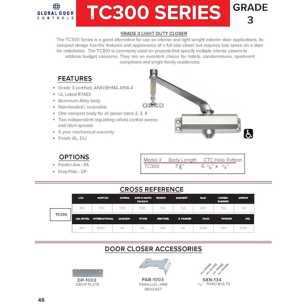 Global Door Controls Light Duty Commercial Grade 3 Door Closer with Parallel Arm Bracket in Aluminum - Size 2 - TC302-PA-AL