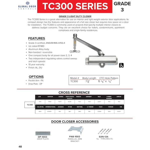 Global Door Controls Light Duty Commercial Grade 3 Door Closer with Parallel Arm Bracket in Aluminum - Size 2 - TC302-PA-AL