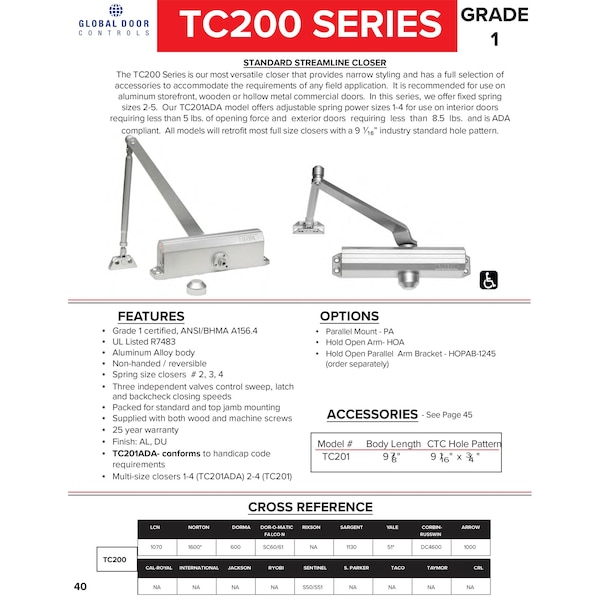 Global Door Controls Commercial Grade 1 Door Closer in Aluminum with Backcheck - Size 4 - TC204-BC-AL