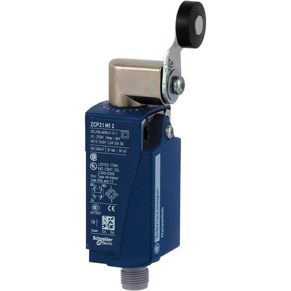 Interruptor de límite Telemecanique Sensors, palanca de rodillo, rotativo, 1NC/1NO, 3A @ 240V CA, ubicación del actuador: Lateral - XCKP2118M12