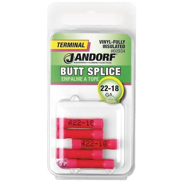 Jandorf Butt Splice Connector, 22 to 18 AWG Wire, Vinyl Insulation, Copper Contact, Red, 5PK - 60934